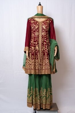 Red Green Bridal Gharara with jaal Emboidry