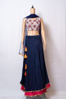 Dark Blue with Hot Pink Layered lehnga Silk