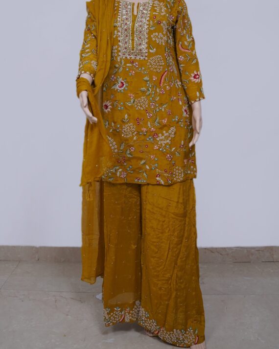 Mustard Silk Plazzo Hand Emboidry