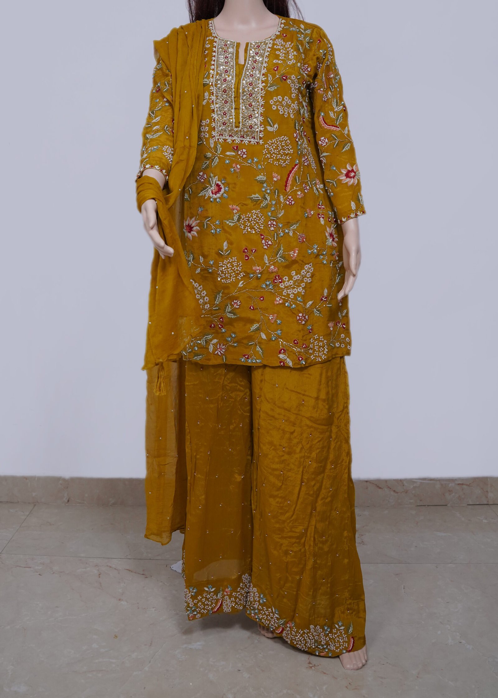 Mustard Silk Plazzo Hand Emboidry