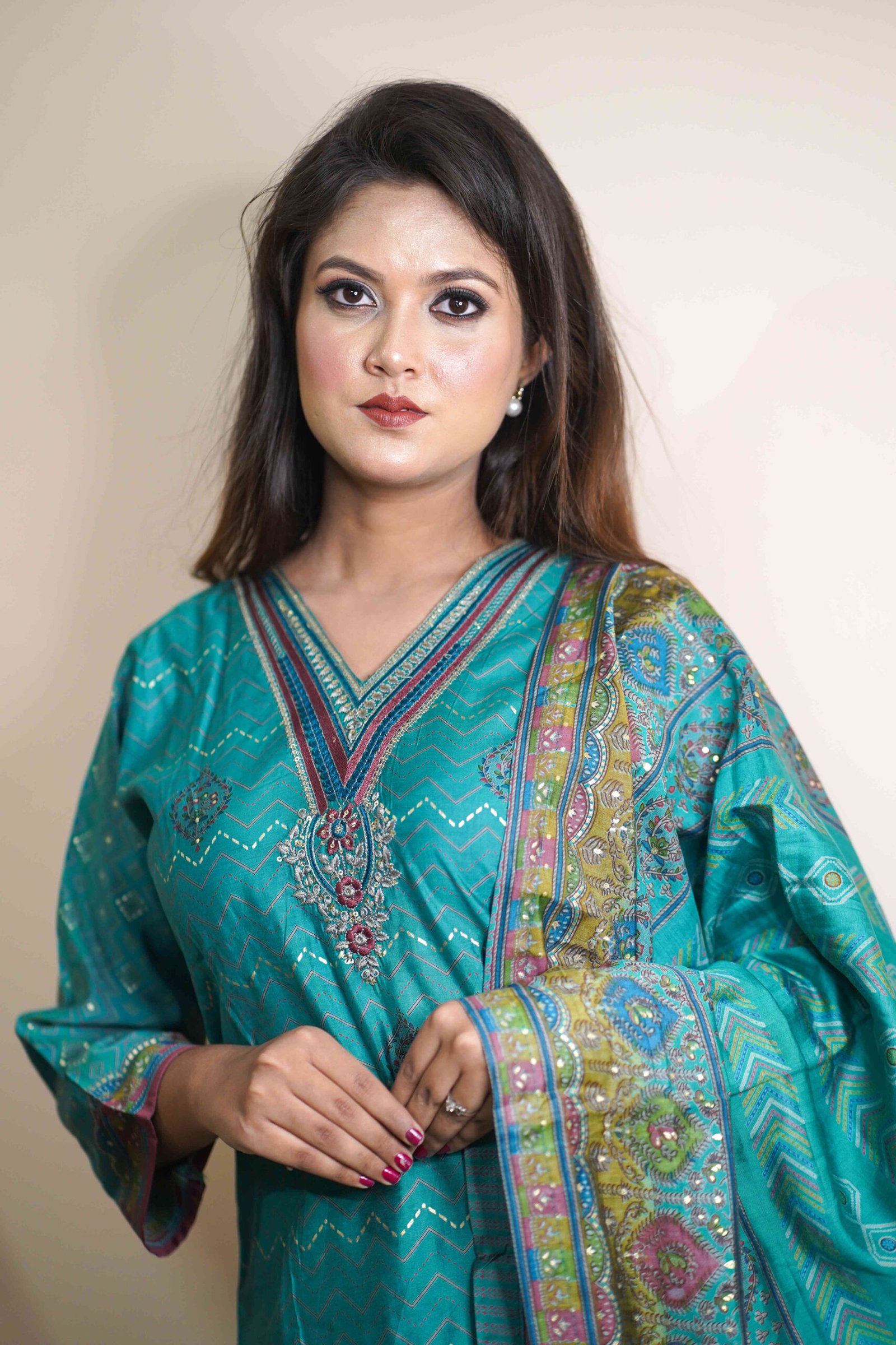 Teal green Silk Cotton Suit - Image 5