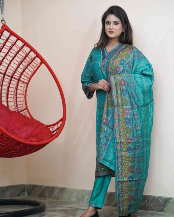 Teal green Silk Cotton Suit