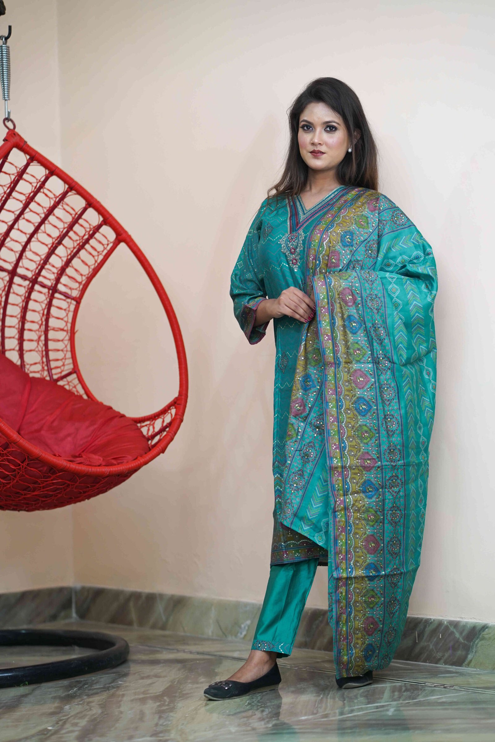 Teal green Silk Cotton Suit