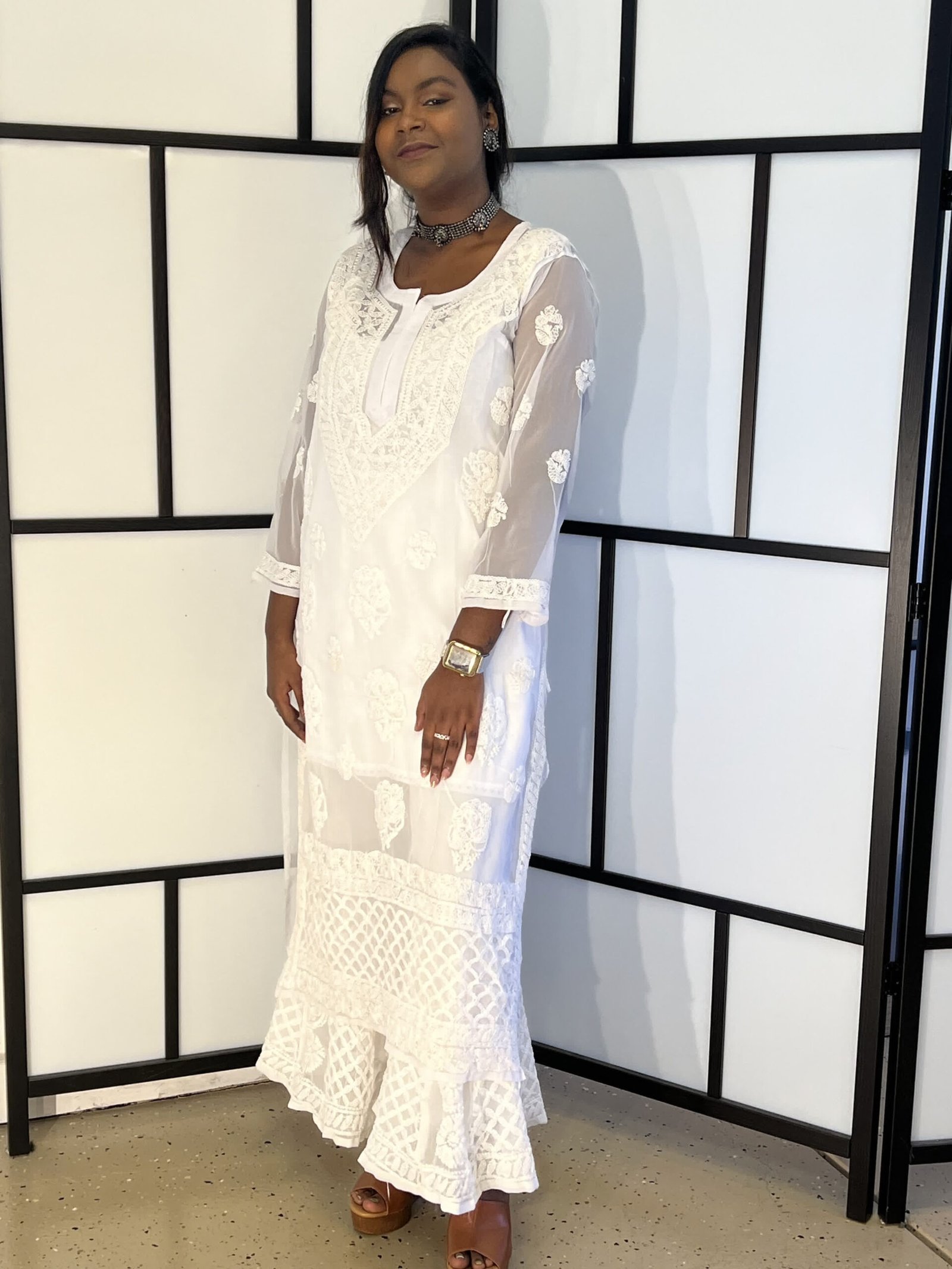 White Lakhnavi Kurta American Gorgette