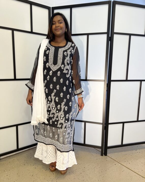 Black Lakhnavi Kurta American Gorgette