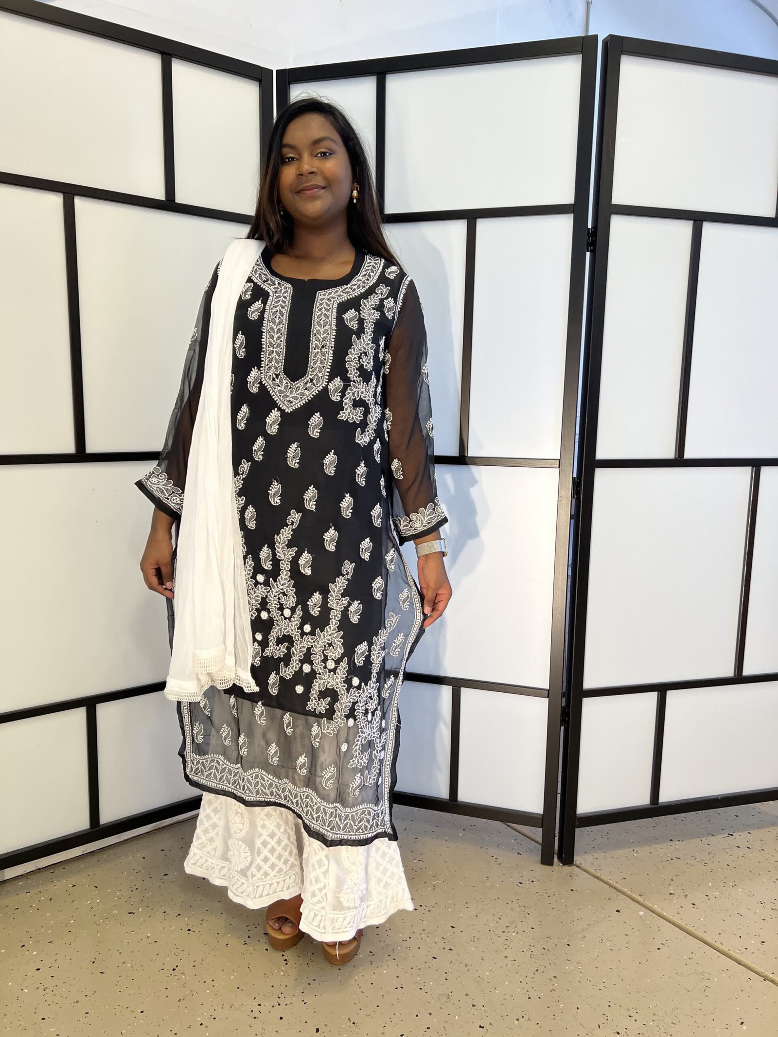 Black Lakhnavi Kurta American Gorgette