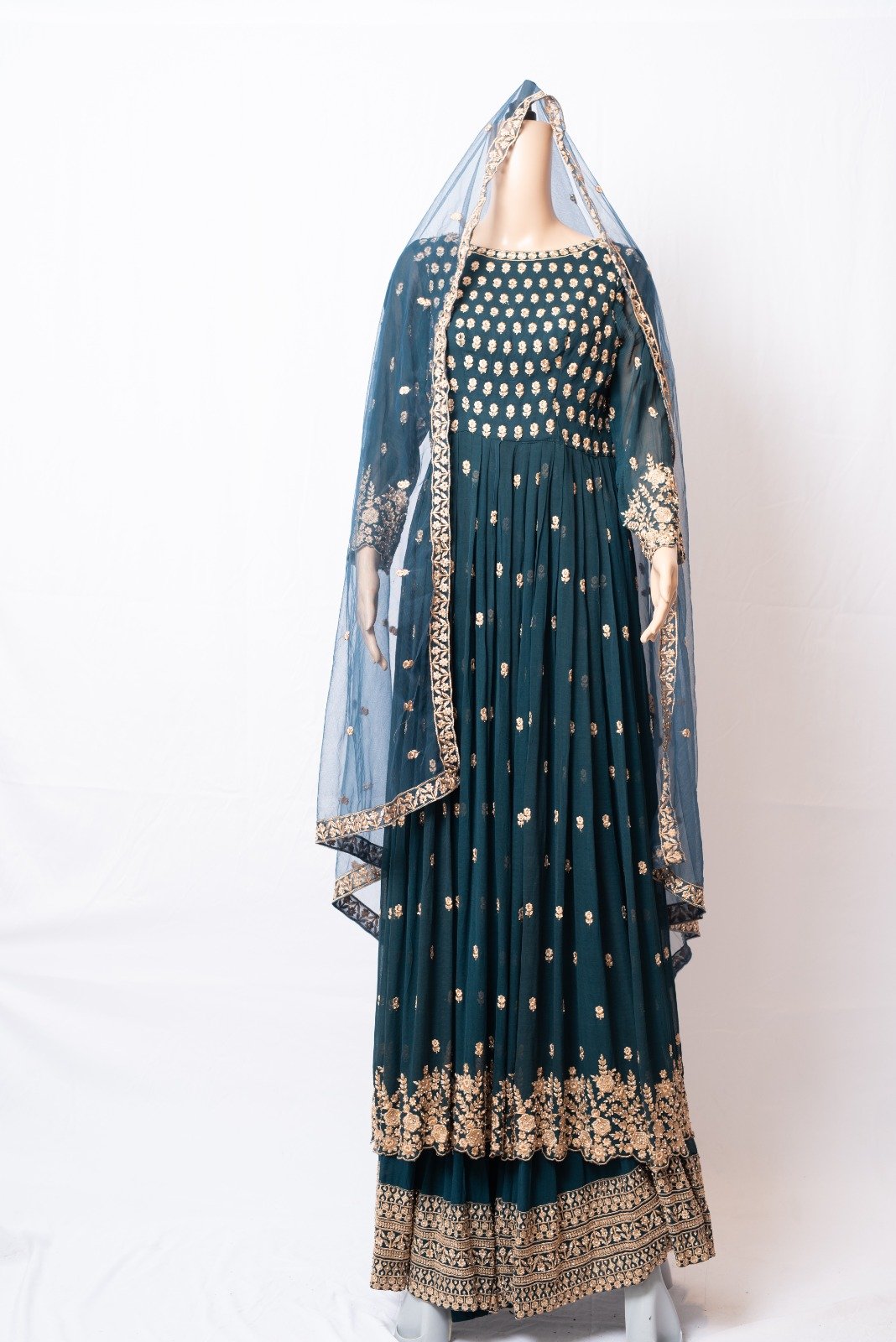 Dark Cyan Green Gharar with Sparkled stones