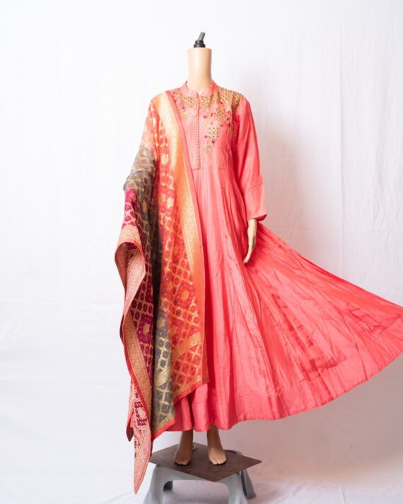 Orange Pink Silk Gown/Banarasi Dupatta