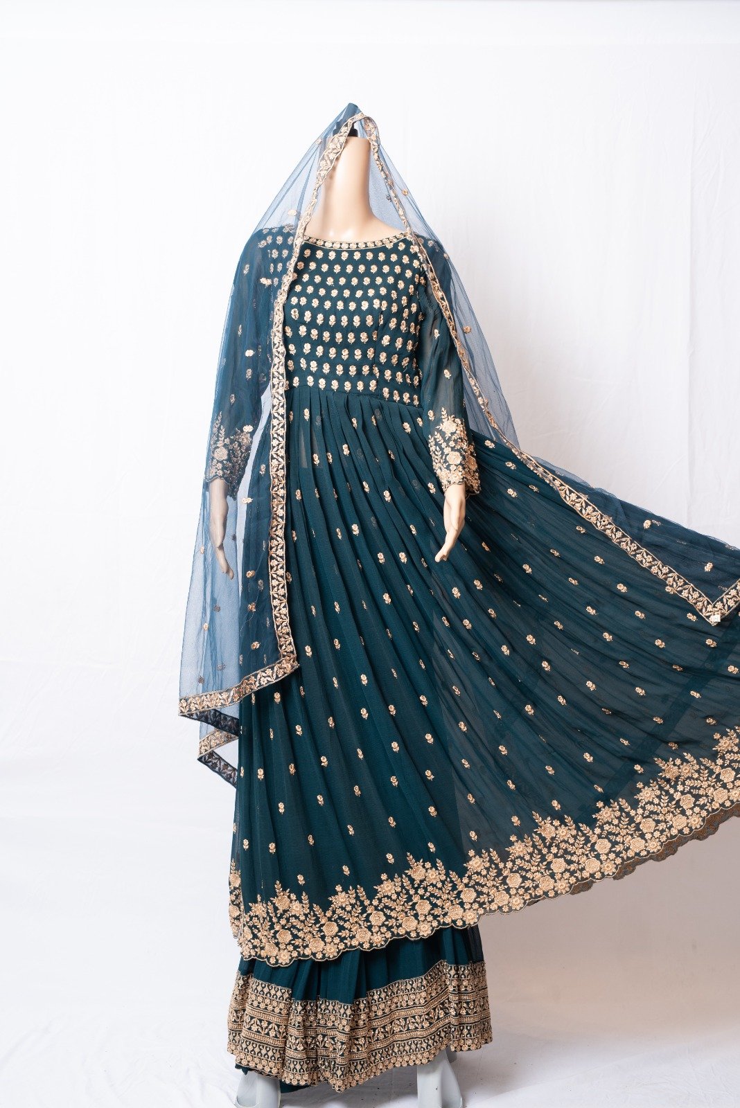 Dark Cyan Green Gharar with Sparkled stones - Image 10