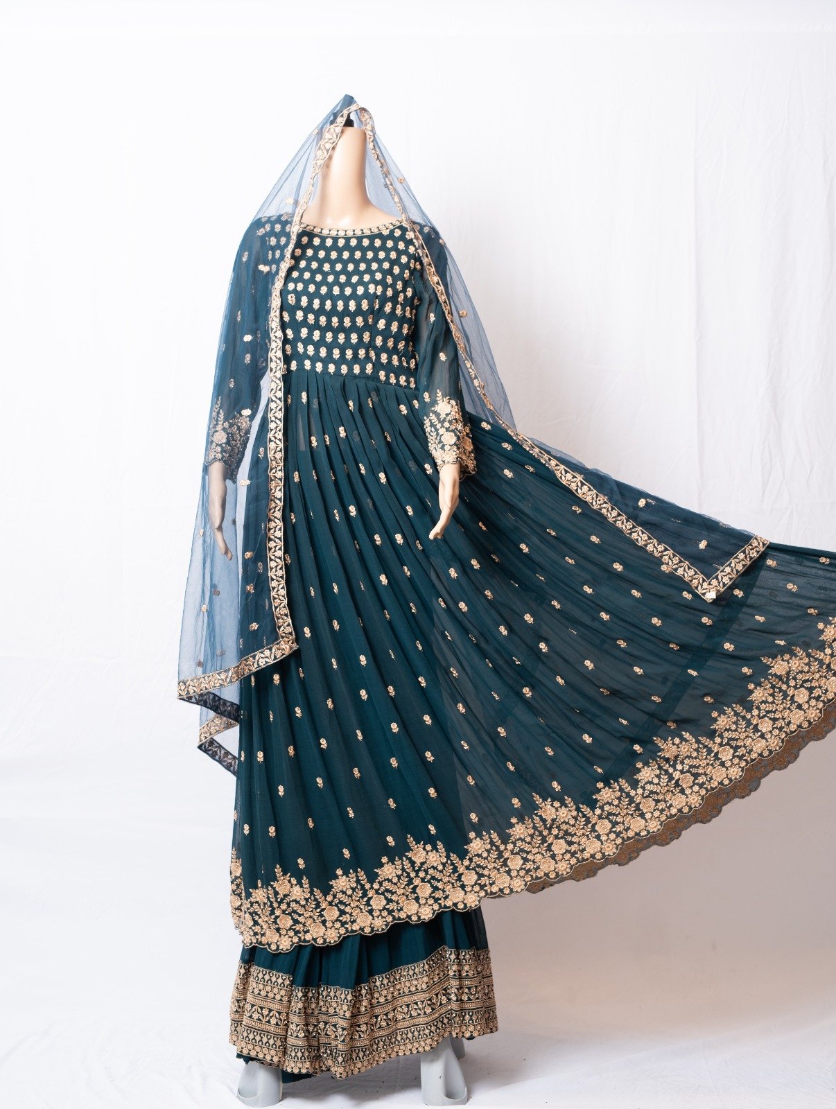 Dark Cyan Green Gharar with Sparkled stones - Image 9