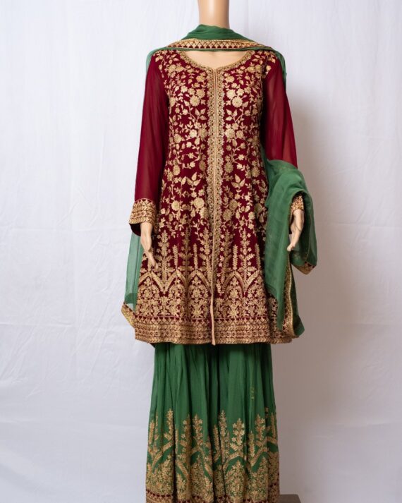 Red Green Bridal Gharara with jaal Emboidry