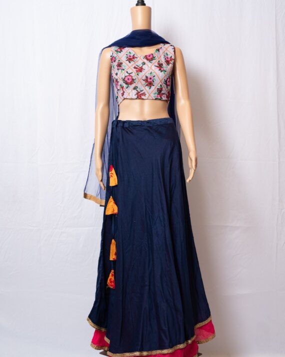 Dark Blue with Hot Pink Layered lehnga Silk