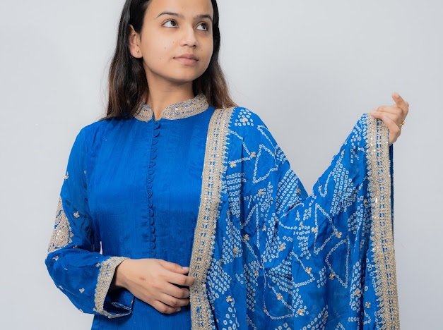 Pure Silk blue Gown, Chunri dupatta - Image 2