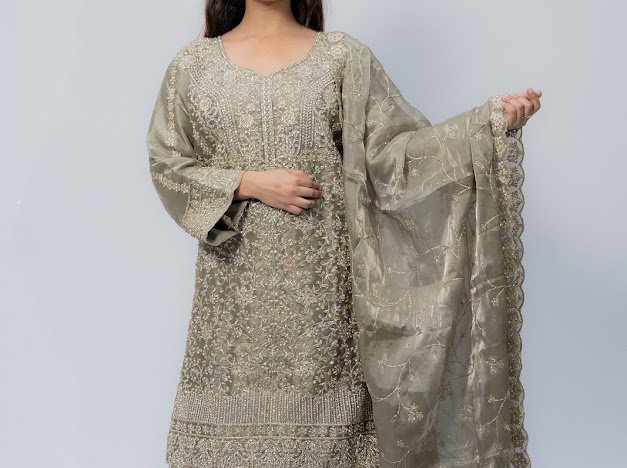 Gray Silver lehnga tissue with embroidery