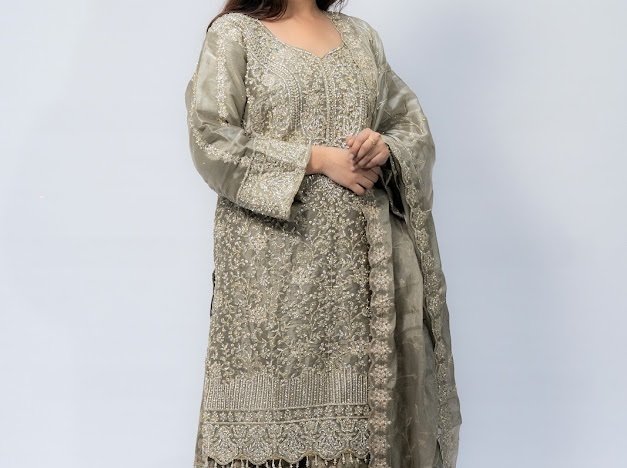 Gray Silver lehnga tissue with embroidery - Image 6