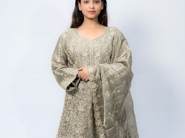 Gray Silver lehnga tissue with embroidery - Image 8