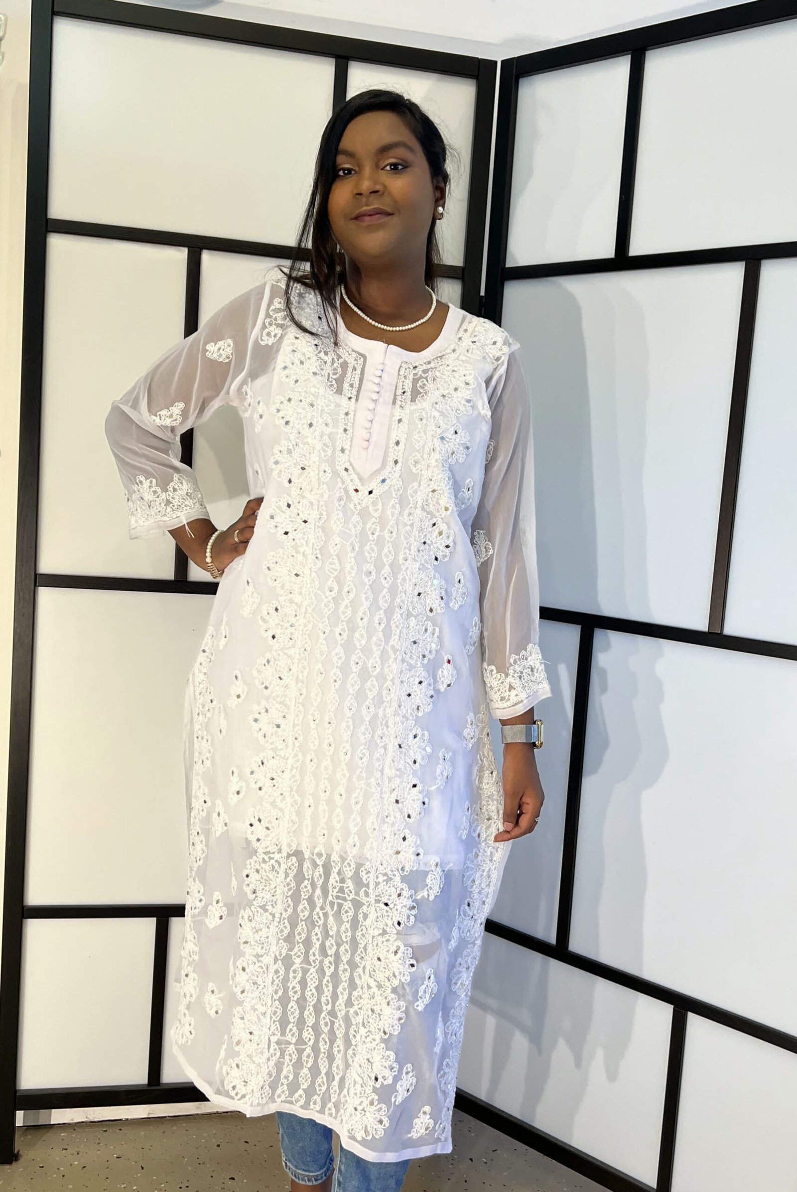 White Lakhnavi Kurta each-American Gorgette