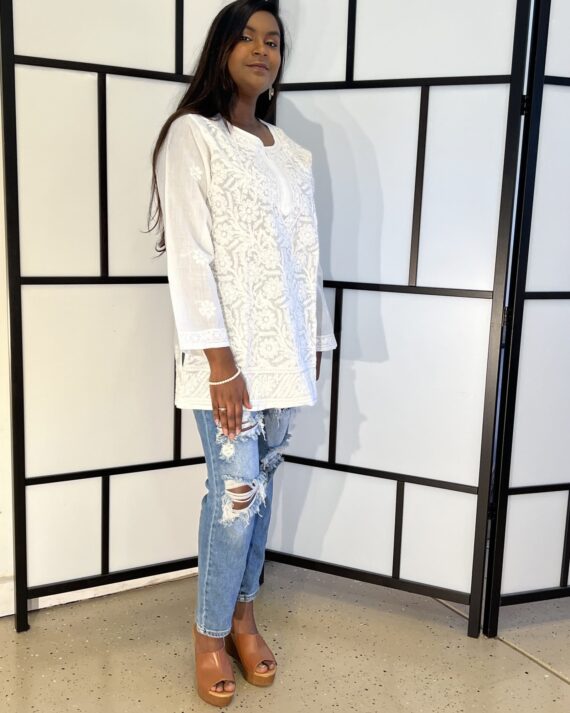 White, Orange, Sky Blue Lakhnavi Cotton  Jeans Kurti