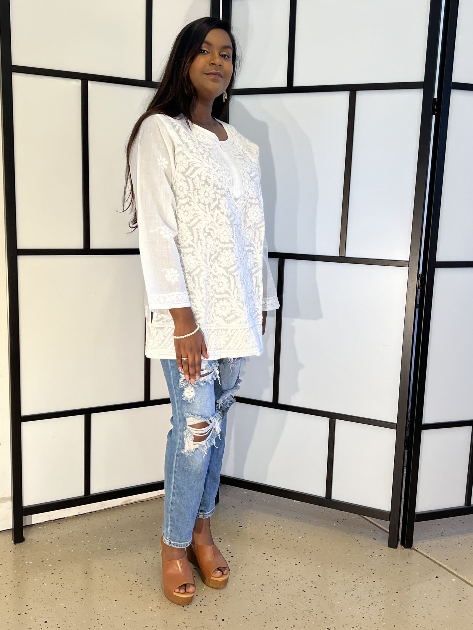 White, Orange, Sky Blue Lakhnavi Cotton Jeans Kurti