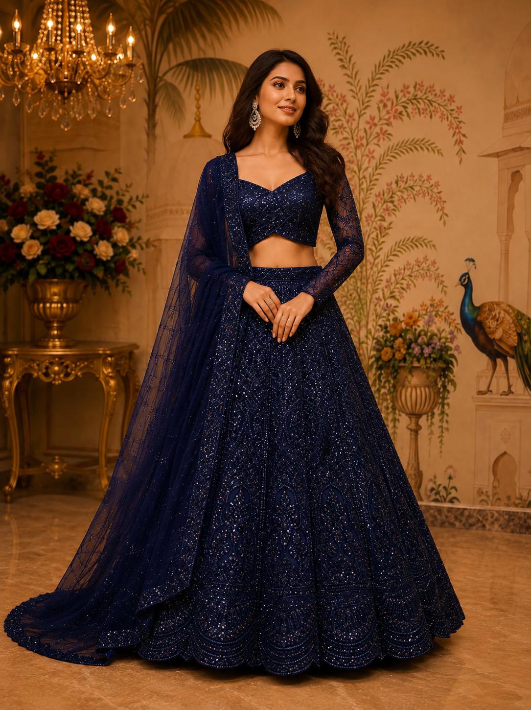 Royal blue lehnga net with sequince elegantly decorated